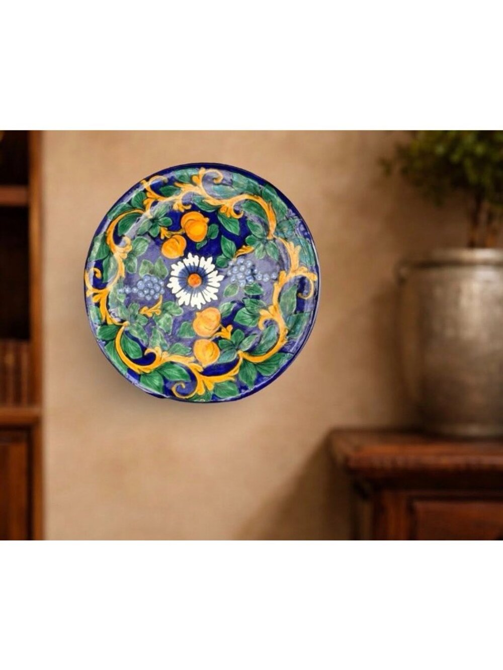 Hand Painted Talavera Plate 11.5” | Mexican Pottery Charger | Blue Yellow Floral - Picture 7 of 7